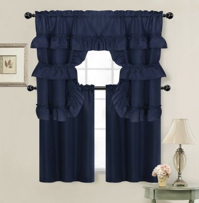 Kate Aurora Country Farmhouse Living Solid Colored Cafe Kitchen Curtain Tier & Swag Valance Set - 56 in. W x 36 in. L, Navy