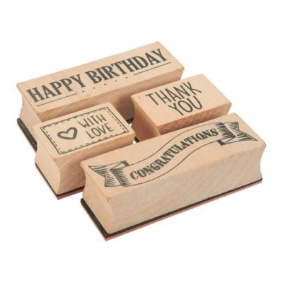 Juvale 4-Piece Card Making Stamps Set - Wood Mounted Rubber Stamps for Card Making, DIY Crafts, Scrapbooking - Happy Birthday, Thank You, Congratulations, with Love