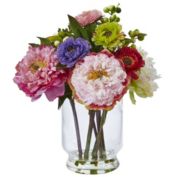 Nearly Natural 10.5" Artificial Peony and Mum Flower Arrangement with Glass Vase