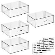 mDesign Plastic Office Storage Organizer Bin with Drawer, Labels, 4 Pack, Clear