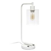 Simple Designs Home Decorative Modern Table Lamp 9.75"L x 5.75"W x 18.8"H Bronson Antique Style Industrial Iron Lantern Desk Lamp with USB Port and Glass Shade - White