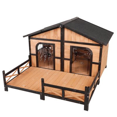 PawHut 59"x64"x39" Wood Large Dog House Cabin Style Elevated Pet Shelter w/Porch Deck Natural