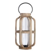 Urban Trends Collection Wood Cylinder Lantern with Metal Handle and Hurricane Candle Holder SM Natural Finish Brown