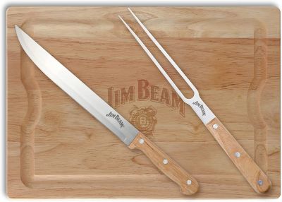 Jim Beam 3-Piece Carving Set, Includes Stainless Steel Knife and Fork with Wood Handles and Wooden Carving Board