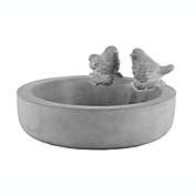 Urban Trends Collection Cement Round Bowl with Bird Figurine and Engraved Floral Design, Surface Washed Concrete Finish - Gray