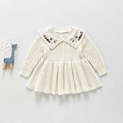 Laurenza&#39;s Girls Cream Knit Sweater Dress with Floral Embroidery