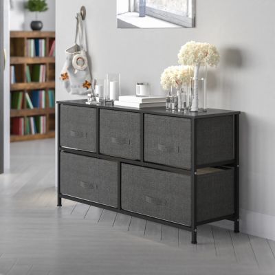 Emma + Oliver 5 Drawer Storage Chest with Black Wood Top & Dark Gray Fabric Pull Drawers