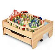 Gymax Wooden Kids Train Track Railway Set Table w/100 Pieces Storage Drawer