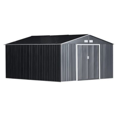 Outsunny 13&#39; x 11&#39; Outdoor Backyard Garden Tool Shed with Double Sliding Doors, 4 Airy Vents, & Durable Steel, Dark Grey