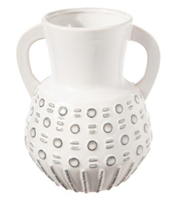 Urban Trends Collection Ceramic Round Bellied Vase with Side Handles, Trumpet Mouth and Embossed Bubble Pattern Gloss Finish White