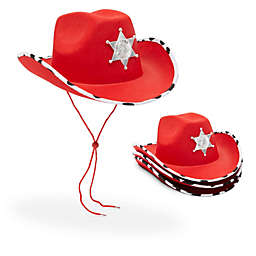 Zodaca Red Cowboy Hats with Sheriff Badge for Kids, Cow Print Design (4 Pack)