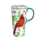 Evergreen Cardinal Trio Ceramic Travel Coffee Mug, 17 ounces