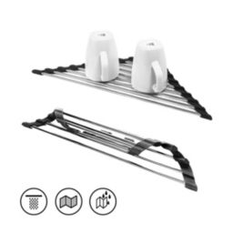 Grand Fusion Roll-Up Over the Sink Dish Drying Rack, Holds Dishes, Utensils, Spoons, Fruits and Vegetables, Easy-to-Store, Black