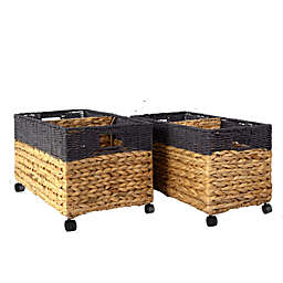 Madeterra Water Hyacinth Woven Storage Baskets on wheels (Set 2)