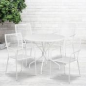 Flash Furniture Oia Commercial Grade 35.25" Round White Indoor-Outdoor Steel Patio Table Set with 4 Square Back Chairs