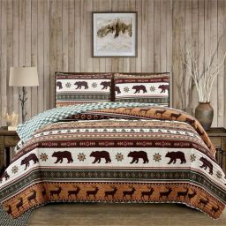 Market & Place Rusitc Wildlife 3-Piece Reversible Full/Queen Quilt Set in Taupe/Green