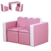 Qaba Sofa Set 2-In-1 Functional Storage Box Leather Table Chair Soft, Pink