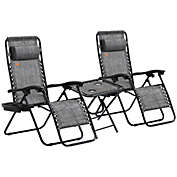 Outsunny Zero Gravity Lounger Chair Set of 3, Folding Reclining Patio Chair with Side Table, Cup Holder and Headrest for Poolside, Camping, Grey