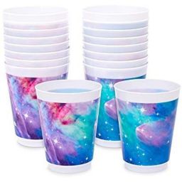 Sparkle and Bash Plastic Galaxy Cups, Outer Space Birthday Party Supplies (16 oz, 16 Pack)