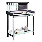 Outsunny 36.25" x 16.75" Raised Outdoor Wooden Potting Bench Table with Built-in Sink, Shelf Storage & Ergonomic Design