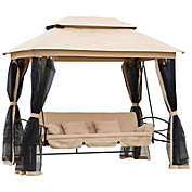 Outsunny 3 Person Outdoor Patio Chair, Gazebo Swing with Double Tier Canopy, Cushioned Seat, Mesh Sidewalls, Beige