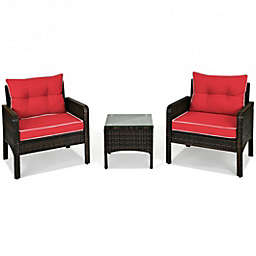 Costway 3 Pcs Outdoor Patio Rattan Conversation Set with Seat Cushions-Red