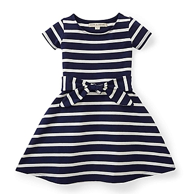 Hope & Henry Girls&#39; Tie-Waist Knit Dress (Navy with White Stripes, 4). View a larger version of this product image.