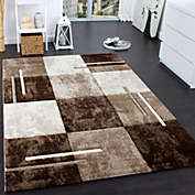 Paco Home Modern Designer Area Rug with Contour Cut Chequered In Brown Beige