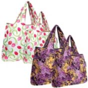 Wrapables Large & Small Foldable Nylon Reusable Bags, Set of 4, Tulips & Lavender