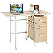 Gymax Folding Computer Laptop Desk Wheeled Home Office Furniture With 3 Drawers