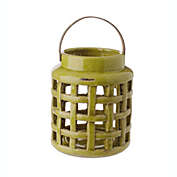 8.25" Tea Garden Caladium Leaf Green Glazed Terracotta Crackled Decorative Pillar Candle Lantern