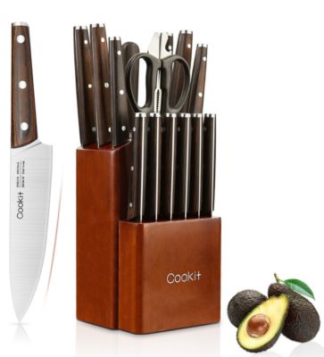 Cookit 15-Piece Wooden Handle Kitchen Chef Knives Set with Wooden Block Holder and Manual Sharpener
