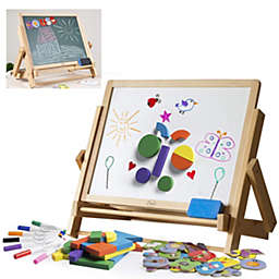 Wood Double-Sided Tabletop Easel 80pc Activity Set for Kids- Childrens Magnetic Dry Erase Whiteboard & Chalkboard, Alphabet Phonic Lettersÿ& Shapes