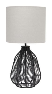 Lalia Home 21" Vintage Rattan Wicker Style Paper Rope Bedside Table Lamp With Light Gray Fabric Shade, Black