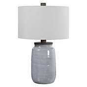 Contemporary Home Living 28" Crackle Glaze White and Gray Ceramic Table Lamp with Round Hardback Shade