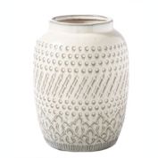 Urban Trends Collection Ceramic Round Vase with Debossed Tribal Stipped Pattern Design Body LG Gloss Finish White