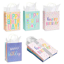 Sparkle and Bash Happy Birthday Paper Gift Bags with Handles, Bulk for Party Favors (4 Designs, 24 Pack)