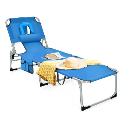 Costway Folding Beach Lounge Chair with Pillow for Outdoor-Blue
