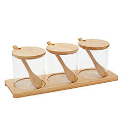 Juvale Small?Glass Condiment Containers with Lids, Spoons, and Bamboo Wood Base?(10oz, 3 Pack)