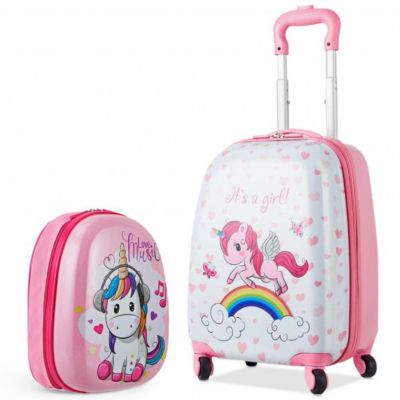 Costway 2 Pcs Kids Luggage Set 12 Inch Backpack and 16 Inch Kid Carry on Suitcase with Wheels