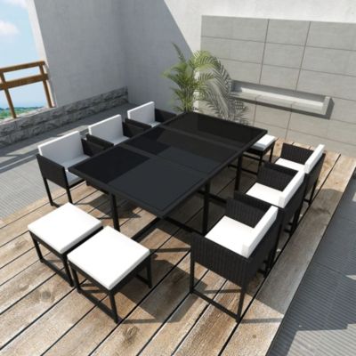 vidaXL 11 Piece Patio Dining Set with Cushions Poly Rattan Black