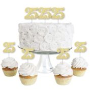 Big Dot of Happiness Gold Glitter 25 - No-Mess Real Gold Glitter Dessert Cupcake Toppers - 25th Birthday Party Clear Treat Picks - Set of 24