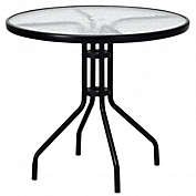 Costway-CA 32 Inch Outdoor Patio Round Tempered Glass Top Table with Umbrella Hole