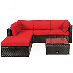 Costway-CA 6 Pieces Outdoor Patio Rattan Furniture Set Sofa Ottoman-Red