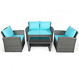 Costway 4 Pcs Patio Rattan Furniture Set Sofa Table with Storage Shelf Cushion-Turquoise