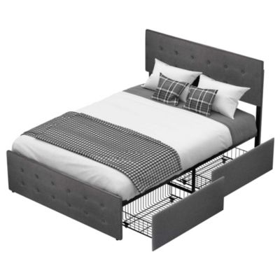Idealhouse Lolita Full Platform Bed Frame with 4 Storage Drawers Headboard and Wood Slat Support