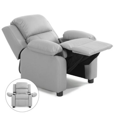 Gymax Deluxe Padded Kids Sofa Armchair Recliner Headrest Children w/ Storage Arms Gray