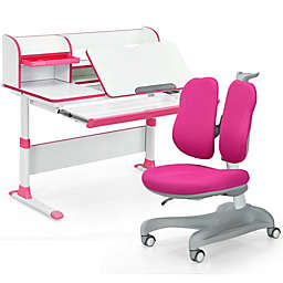 Gymax Adjustable Kids Study Desk Drafting Table Chair Set w/ Bookshelf