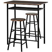 HOMCOM Bar Table Set 3 Piece Counter Height Table Chair Set with 1 Table, 2 Matching Stools, Storage Shelf and Metal Frame Footrest, Black