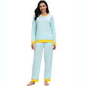 cheibear Women&#39;s Sleepwear Round Neck Soft Loungewear with Pants Pajama Set, Large Blue